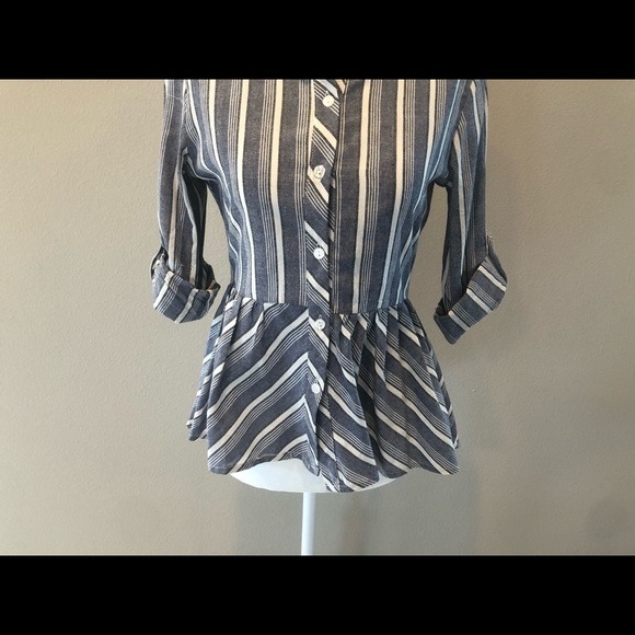 NWT Denim & White Striped Collard Button Down Love Notes Shirt - Size: Small - Picture 7 of 12